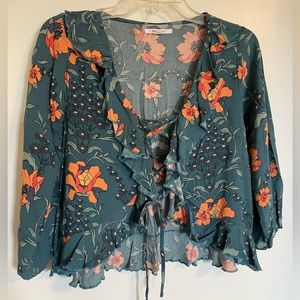 O'Neill teal and coral floral corset tie-front 3/4 sleeve ruffle top size XS